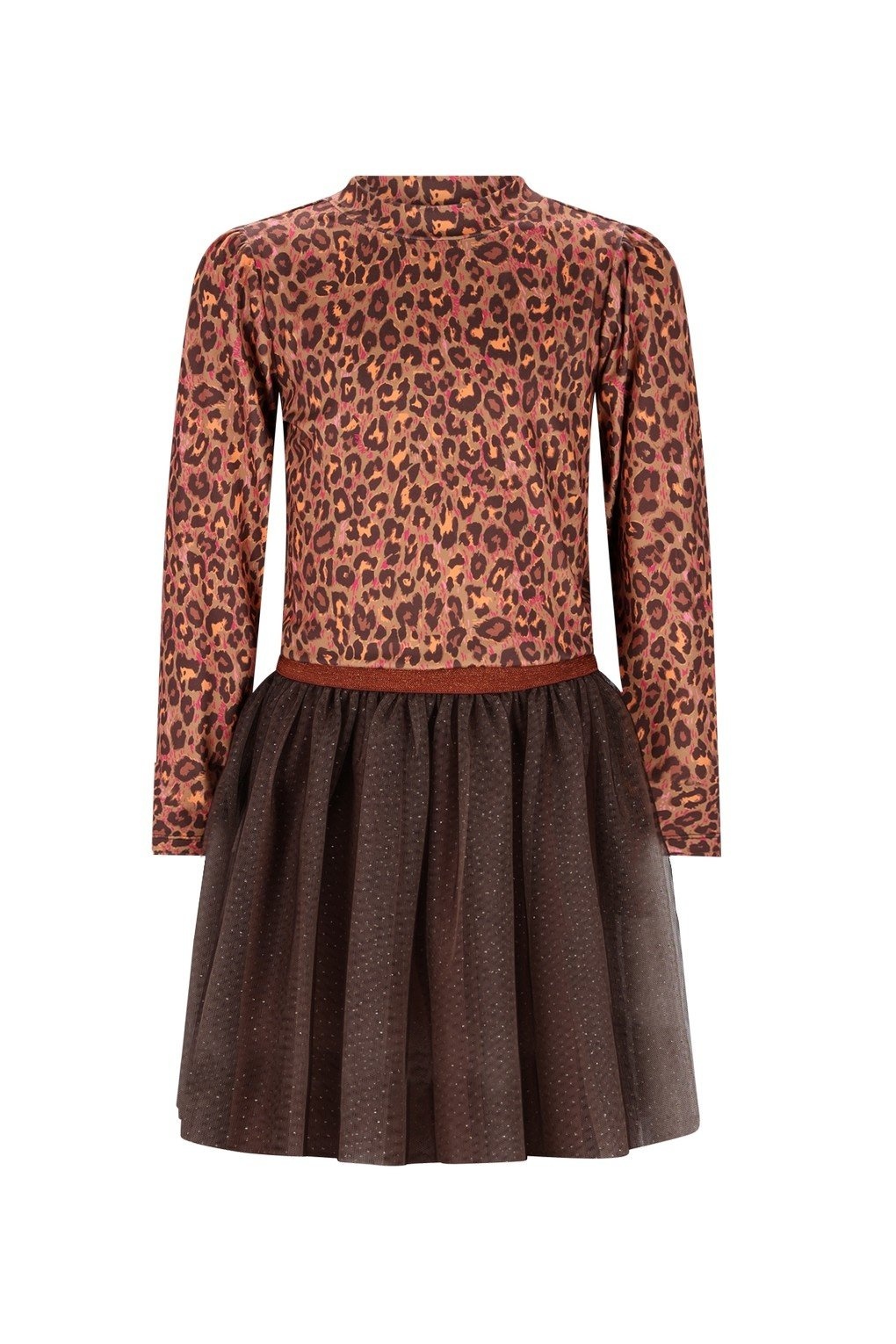 B.Nosy winter jurk meisjes - bruin - Dina - mesh rok, luipaard afbeelding