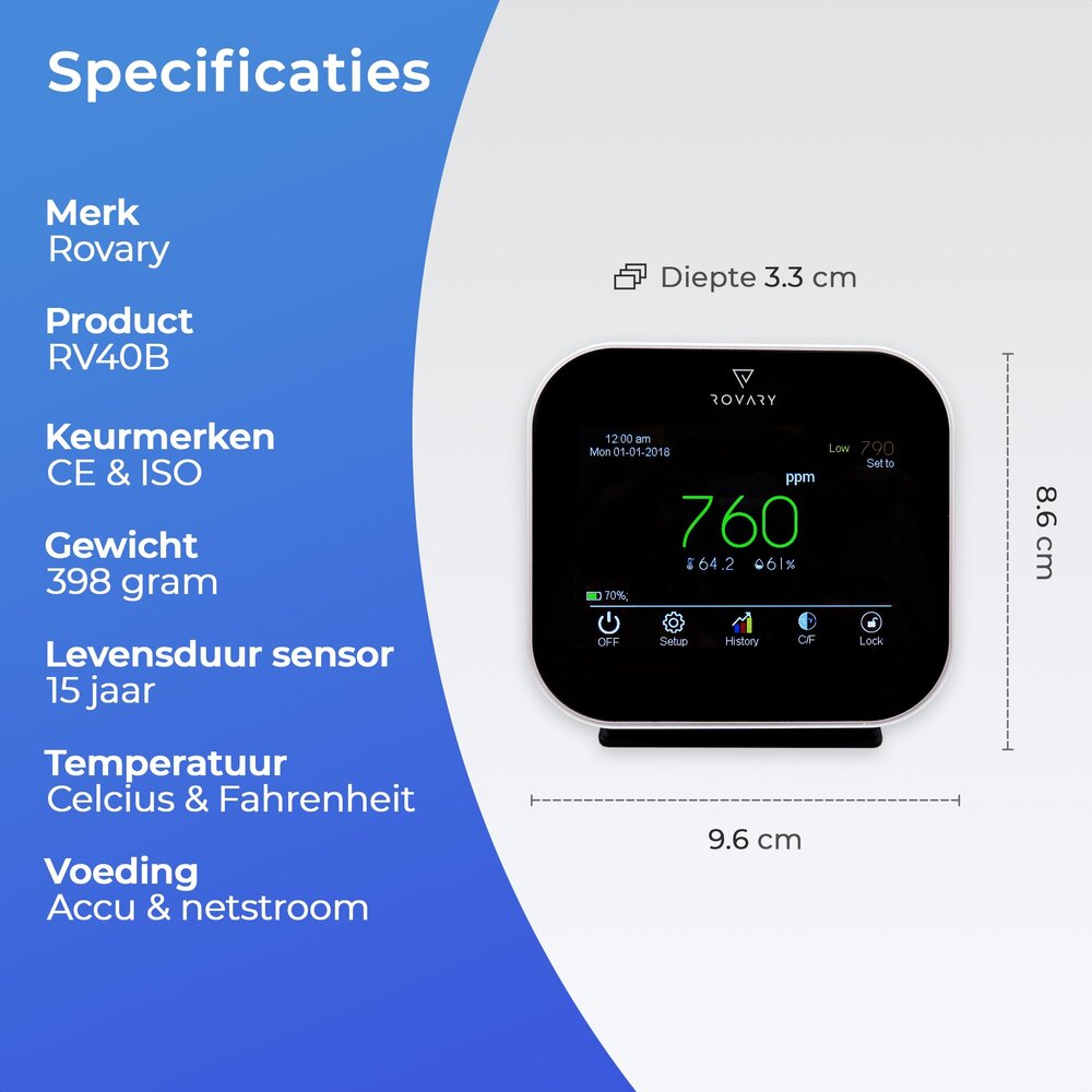 Rovary Rovary RV40B CO2 luchtkwaliteitsmeter Rovary Rovary RV40B CO2 luchtkwaliteitsmeter
