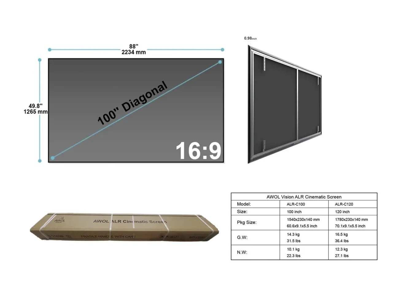 Awol Vision AWOL VISION Cinematic ALR 120" projectiescreen Awol Vision AWOL VISION Cinematic ALR 120" projectiescreen