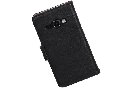 Washed Leer Bookstyle Hoesje - Geschikt voor Samsung Galaxy J1 J100F Zwart
