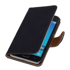 Washed Leer Bookstyle Hoesje - Geschikt voor Samsung Galaxy J1 J100F Donker Blauw