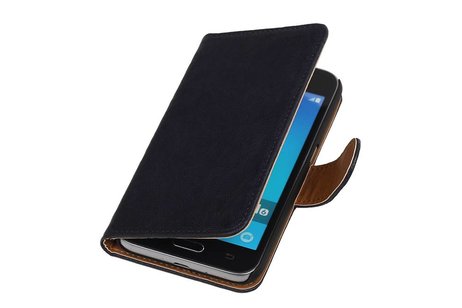 Washed Leer Bookstyle Hoesje - Geschikt voor Samsung Galaxy J1 J100F Donker Blauw