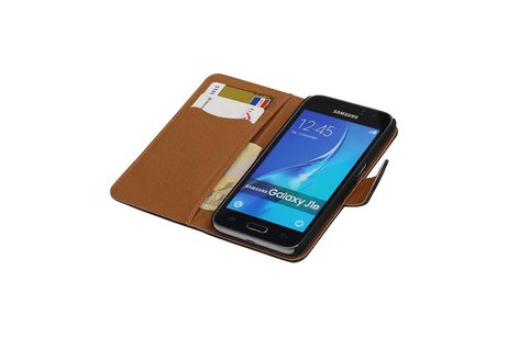 Washed Leer Bookstyle Hoesje - Geschikt voor Samsung Galaxy J1 J100F Donker Blauw