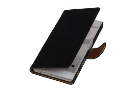 Washed Leer Bookstyle Hoesje - Geschikt voor Huawei P8 Lite Zwart