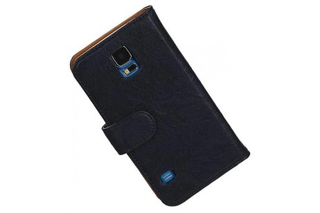 Washed Leer Bookstyle Wallet Case Hoesje voor Galaxy S5 G900F Donker Blauw