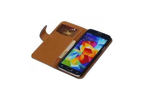 Washed Leer Bookstyle Wallet Case Hoesje - Geschikt voor Samsung Galaxy S5 G900F Donker Blauw