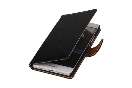 Washed Leer Bookstyle Wallet Case Hoesjes voor Huawei Ascend G730 Zwart