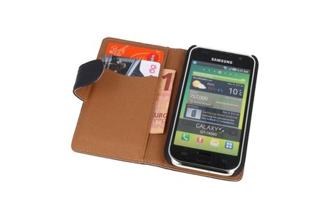 Washed Leer Bookstyle Wallet Case Hoesje - Geschikt voor Samsung Galaxy S i9000 Donker Blauw