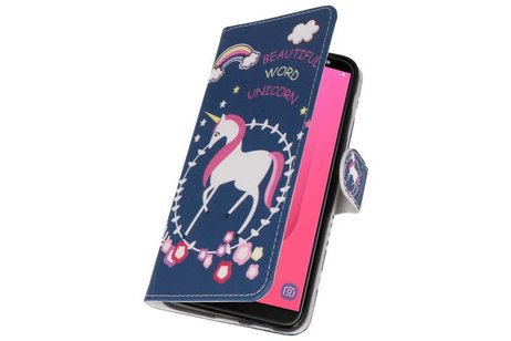 BAOHU Blauw Unicorn Bookstyle Hoesje Geschikt voor Samsung Galaxy J8