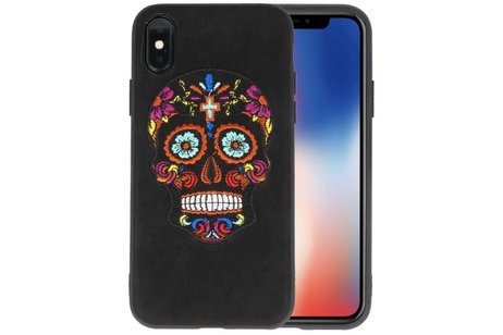 Borduurwerk Doodshoofd Back Cases voor iPhone X Zwart