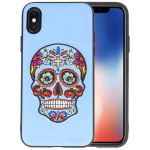 BAOHU Borduurwerk Doodshoofd Back Cases - Hoesje Geschikt voor iPhone X Pastel Blauw