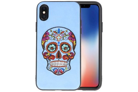 BAOHU Borduurwerk Doodshoofd Back Cases - Hoesje Geschikt voor iPhone X Pastel Blauw