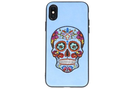 BAOHU Borduurwerk Doodshoofd Back Cases - Hoesje Geschikt voor iPhone X Pastel Blauw