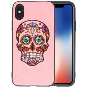 BAOHU Borduurwerk Doodshoofd Back Cases - Hoesje Geschikt voor iPhone X Roze
