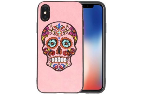 BAOHU Borduurwerk Doodshoofd Back Cases - Hoesje Geschikt voor iPhone X Roze