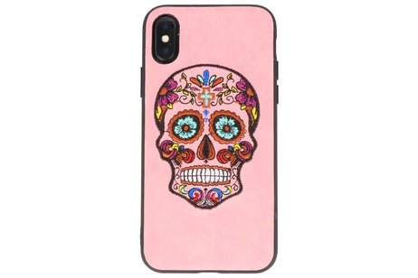 BAOHU Borduurwerk Doodshoofd Back Cases - Hoesje Geschikt voor iPhone X Roze