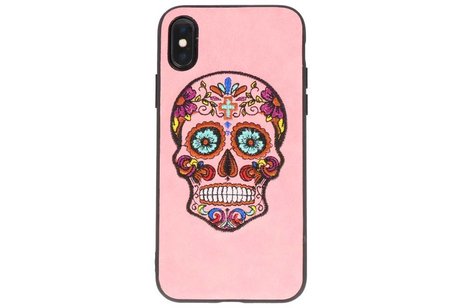 Borduurwerk Doodshoofd Back Cases voor iPhone X Roze