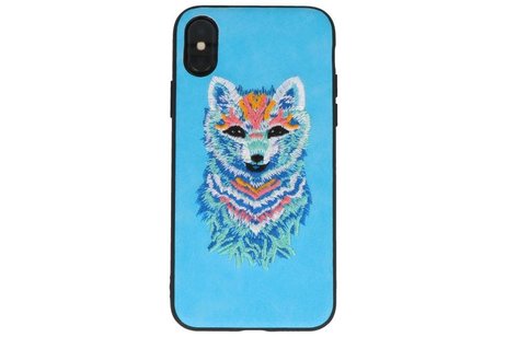 BAOHU Borduurwerk Wolf Back Cases - Hoesje Geschikt voor iPhone X Blauw
