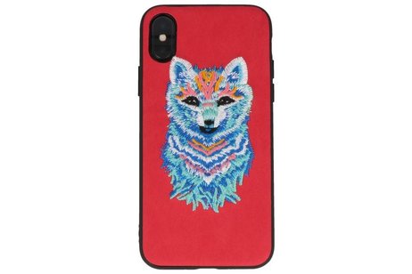 BAOHU Borduurwerk Wolf Back Cases - Hoesje Geschikt voor iPhone X Rood