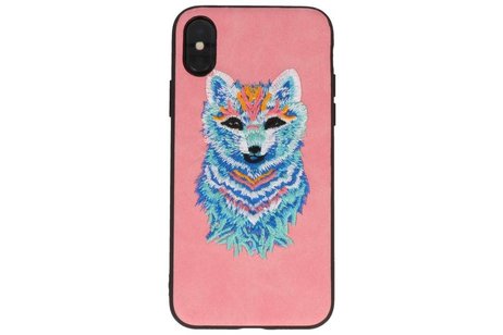 BAOHU Borduurwerk Wolf Back Cases - Hoesje Geschikt voor iPhone X Roze