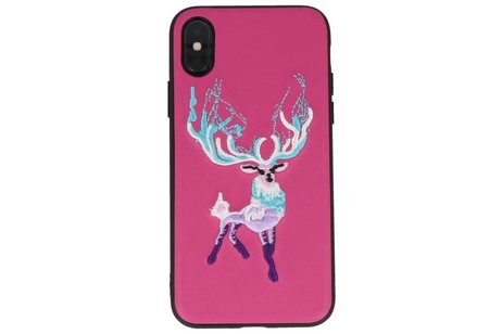 BAOHU Borduurwerk Hert Back Cases - Hoesje Geschikt voor iPhone X Donker Roze