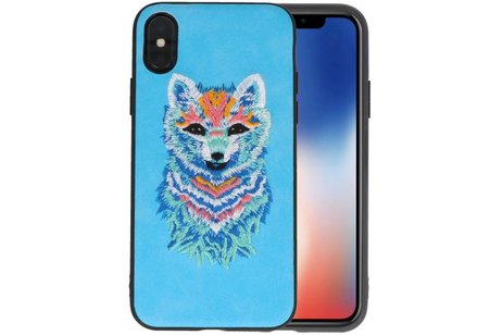 BAOHU Borduurwerk Wolf Back Cases - Hoesje Geschikt voor iPhone X Blauw