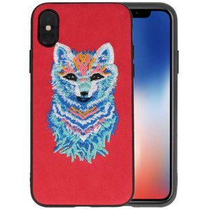BAOHU Borduurwerk Wolf Back Cases - Hoesje Geschikt voor iPhone X Rood
