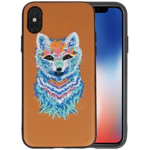 BAOHU Borduurwerk Wolf Back Cases - Hoesje Geschikt voor iPhone X Bruin