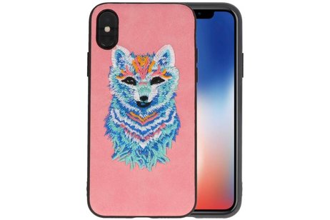 BAOHU Borduurwerk Wolf Back Cases - Hoesje Geschikt voor iPhone X Roze