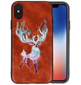 BAOHU Borduurwerk Hert Back Cases voor iPhone X Bruin