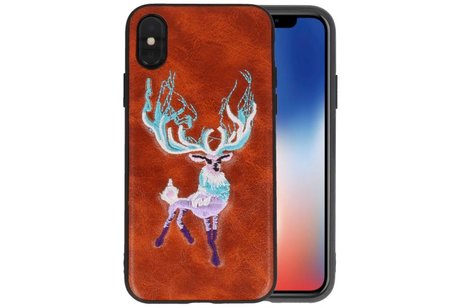 BAOHU Borduurwerk Hert Back Cases - Hoesje Geschikt voor iPhone X Bruin