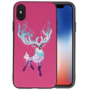 BAOHU Borduurwerk Hert Back Cases - Hoesje Geschikt voor iPhone X Donker Roze