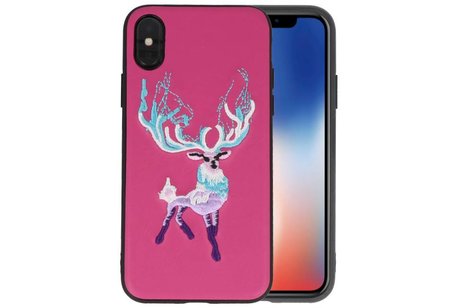 BAOHU Borduurwerk Hert Back Cases - Hoesje Geschikt voor iPhone X Donker Roze