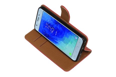 BAOHU Zakelijke Book Case Telefoonhoesje Geschikt voor de Samsung Galaxy J3 2018 - Portemonnee Hoesje - Pasjeshouder Wallet Case - Rood