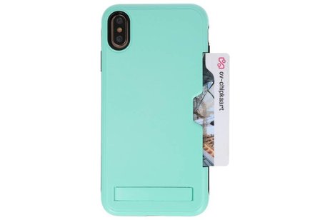 BAOHU Turquoise Tough Armor Kaarthouder Stand Hoesje - Geschikt voor iPhone XS Max