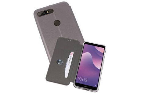 Slim Folio Case - Book Case Telefoonhoesje - Folio Flip Hoesje - Geschikt voor Huawei Y7 / Y7 Prime 2018 - Grijs