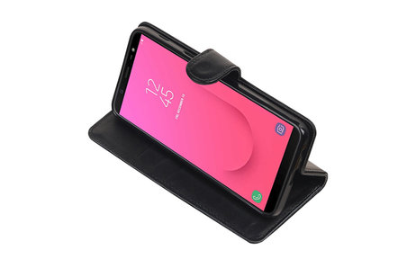 Echt Lederen Hoesje Wallet Case voor Samsung Galaxy J8 (2018) Zwart