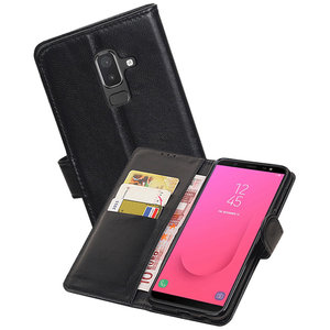 Echt Lederen Hoesje Wallet Case voor Samsung Galaxy J8 (2018) Zwart