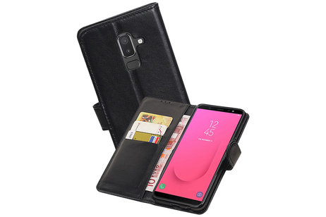 Echt Lederen Hoesje Wallet Case voor Samsung Galaxy J8 (2018) Zwart