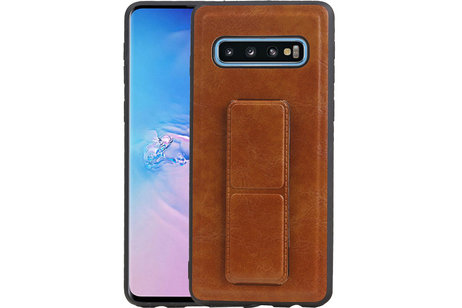 Grip Stand Hardcase Backcover - Telefoonhoesje - Achterkant Hoesje - Geschikt voor Samsung Galaxy S10 - Bruin