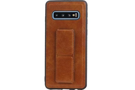 BAOHU Grip Stand Hardcase Backcover - Telefoonhoesje - Achterkant Hoesje - Geschikt voor Samsung Galaxy S10 - Bruin