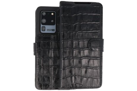 BAOHU Krokodil Handmade Leer Telefoonhoesje - Wallet Case - Portemonnee Hoesje voor Samsung Galaxy S20 Ultra - Zwart