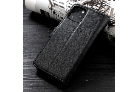 BAOHU Echt Lederen Book Case Hoesje - Leren Portemonnee Telefoonhoesje - Geschikt voor iPhone 12 mini - Zwart