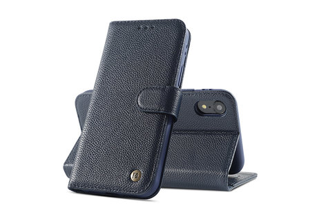 BAOHU Echt Lederen Book Case Hoesje - Leren Portemonnee Telefoonhoesje - Geschikt voor iPhone XR - Navy