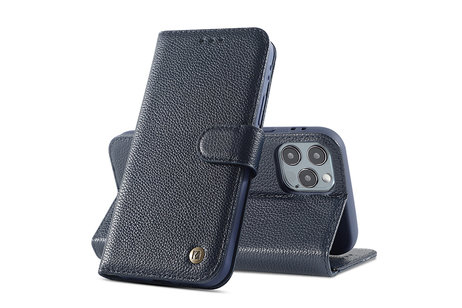 BAOHU Echt Lederen Book Case Hoesje - Leren Portemonnee Telefoonhoesje - Geschikt voor iPhone 11 Pro - Navy