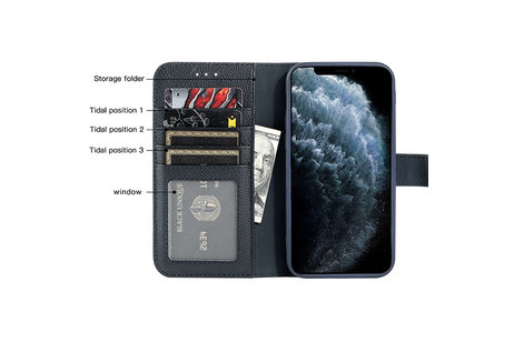 BAOHU Echt Lederen Book Case Hoesje - Leren Portemonnee Telefoonhoesje - Geschikt voor iPhone 11 Pro - Navy