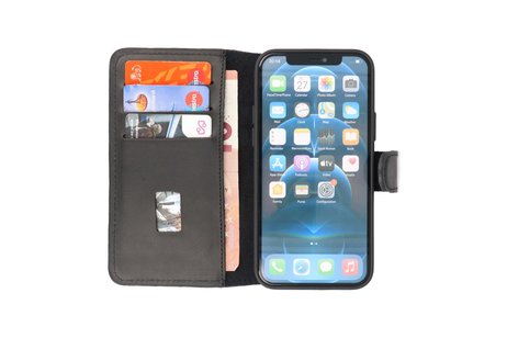 Handmade Lederen Book Case Telefoonhoesje - Wallet Case - Portemonnee Hoesje voor iPhone 12 - 12 Pro - Zwart