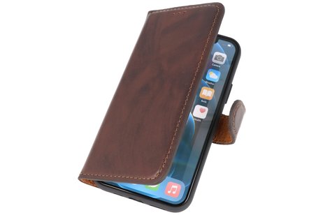 Krasvrij Handmade Lederen Book Case Telefoonhoesje - Wallet Case - Portemonnee Hoesje voor iPhone 12 Pro Max - Mocca