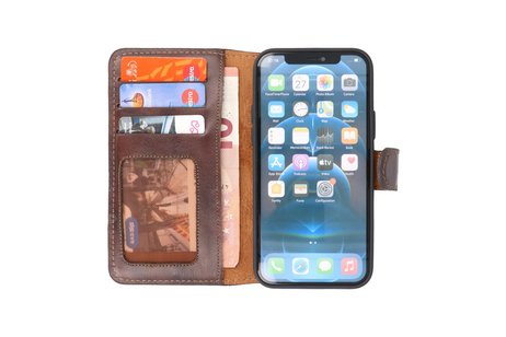 Krasvrij Handmade Lederen Book Case Telefoonhoesje - Wallet Case - Portemonnee Hoesje voor iPhone 12 Pro Max - Mocca