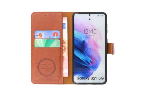 KAIYUE - Luxe Portemonnee Hoesje - Pasjeshouder Telefoonhoesje - Wallet Case - Geschikt voor Samsung Galaxy S21 - Bruin